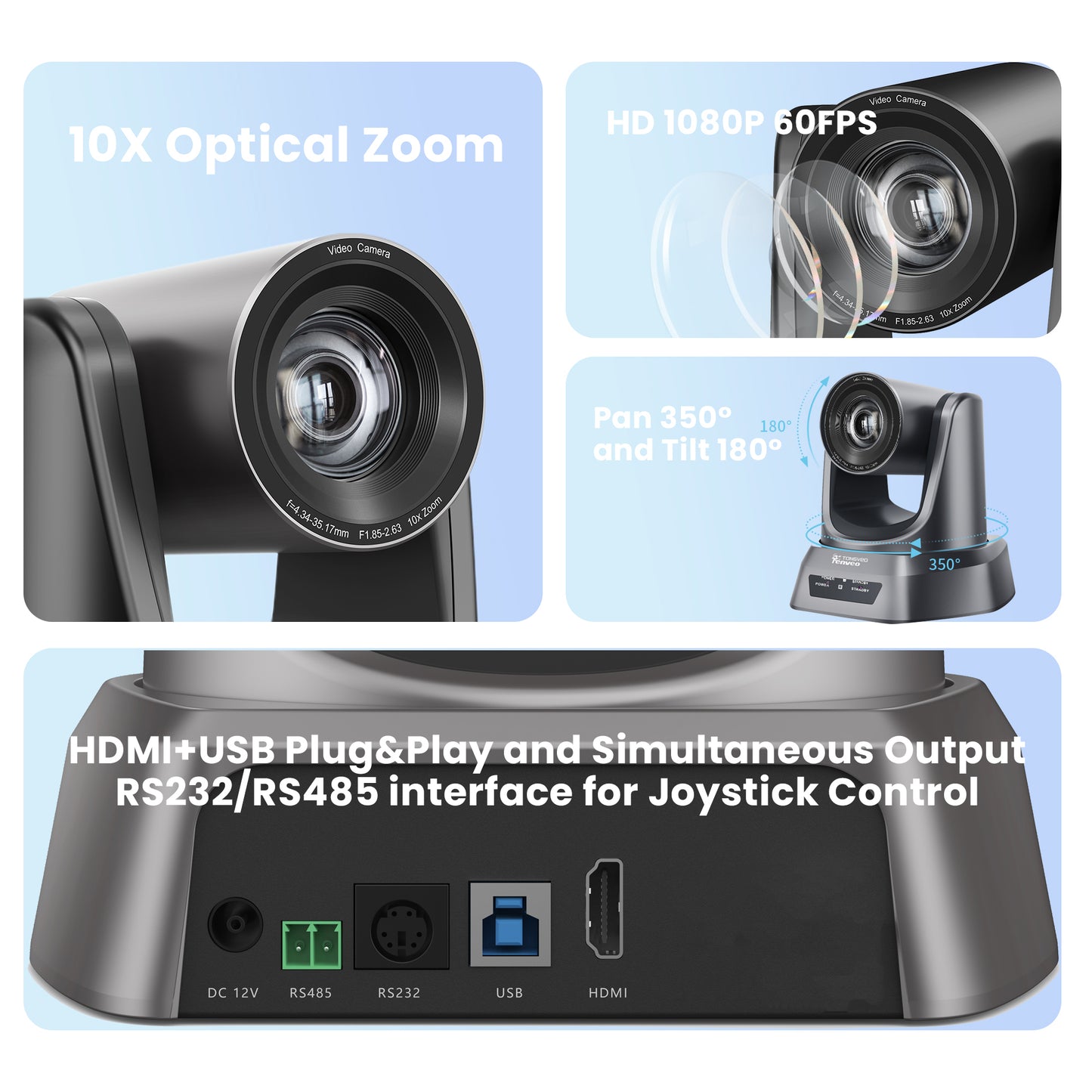 Tenveo TEVO NV10U / NV10H 1080p @ 60fps PTZ Video Conference HD Web Camera with USB 2.0 / HDMI Video Output, 175 Degree Pan, 90 Degree Tilt  and 10X Optical Zoom