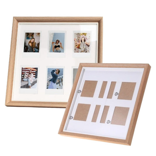 Pikxi 2-in-1 Wooden Photo Frame with 2-Slot 4R Picture Divider and 6-Slot Instax Mini Film Divider with Stand