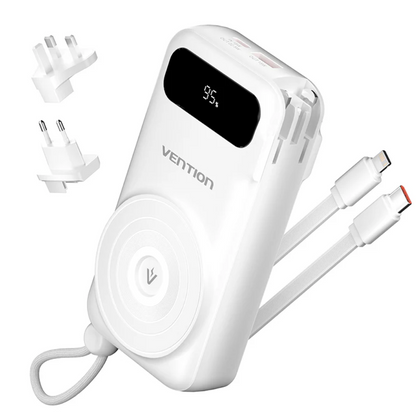 Vention 10000mAh Power Bank 15W Magnetic Wireless Charging Built-in USB-C and iPh Cable includes EU/US/UK AC Convertible Adapters with Airline-Approved for Travel