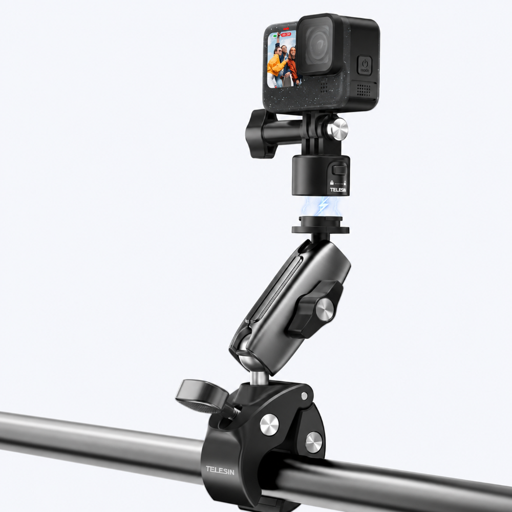TELESIN Crab Style Clamp QR Quick Release Action Camera Mount and Dual Ballhead Magic Arm