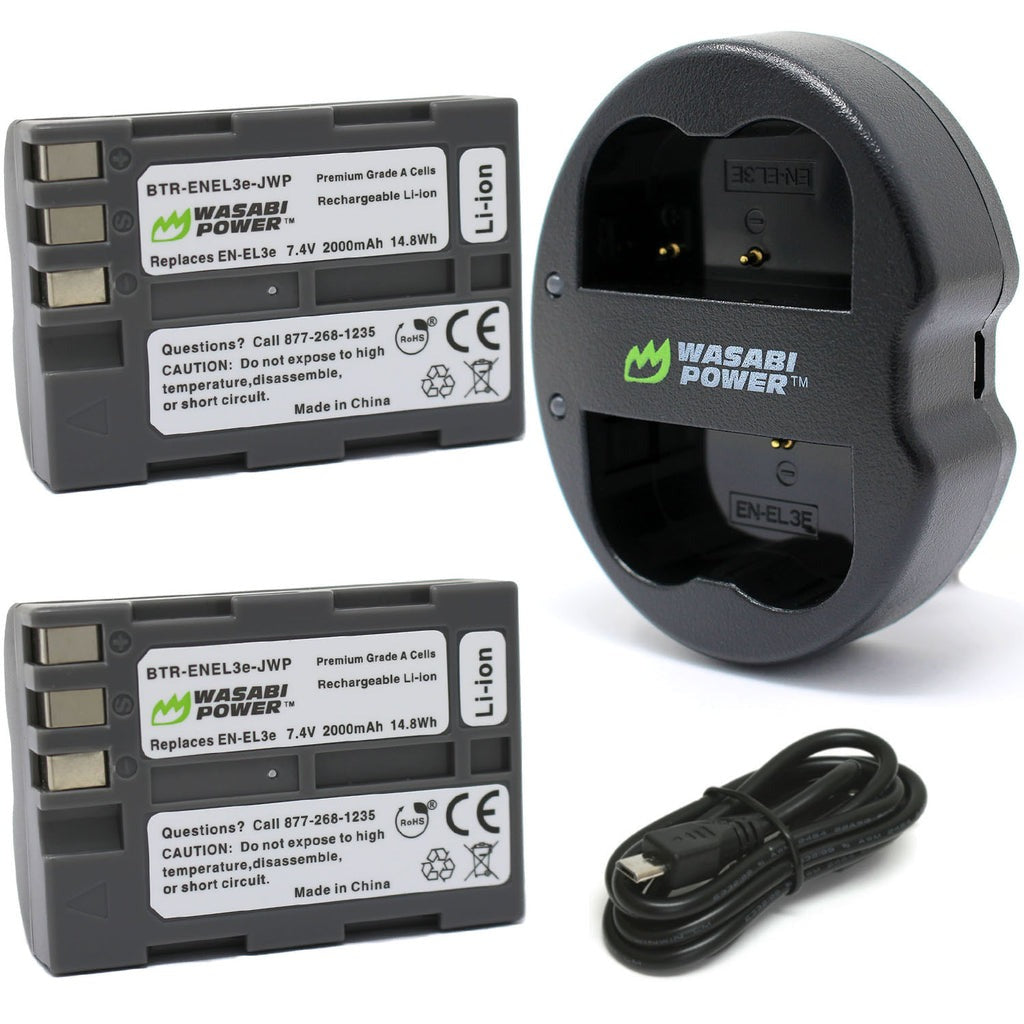 Wasabi Power EN-EL3e ENEL3e (2 Pack) 7.4V 2000mAh Battery and Dual USB Charger Kit with Power Indicator for Nikon D80 D90 D100 D200 D300 D300S D700 DSLR Camera