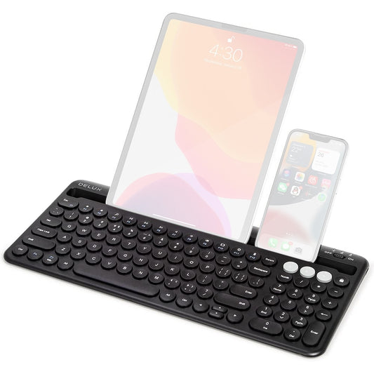 Delux K2212V 2 Zone Universal Wireless Bluetooth Keyboard Rechargeable with Integrated Stand Cradle, 100 Keys, Scissors Keycaps for Windows/ISO/Android