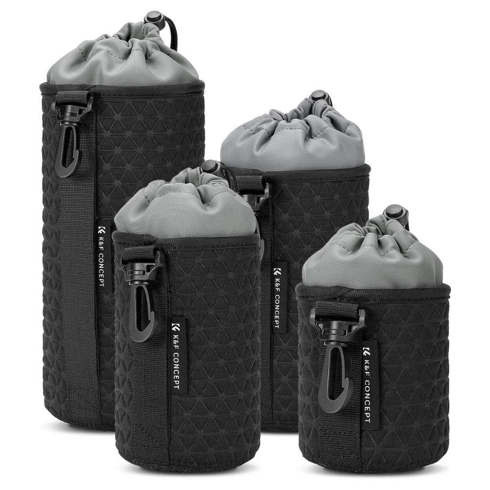 K&F Concept 4-Pack Camera Lens Pouch Bag Cases with Protective Drawstring Lock, Belt Strap & Hook Buckle Design for Mirrorless, DSLR and SLR Lenses (S, M, L, XL) –  Ideal for Photography, Videography, Vlogging & Travel
