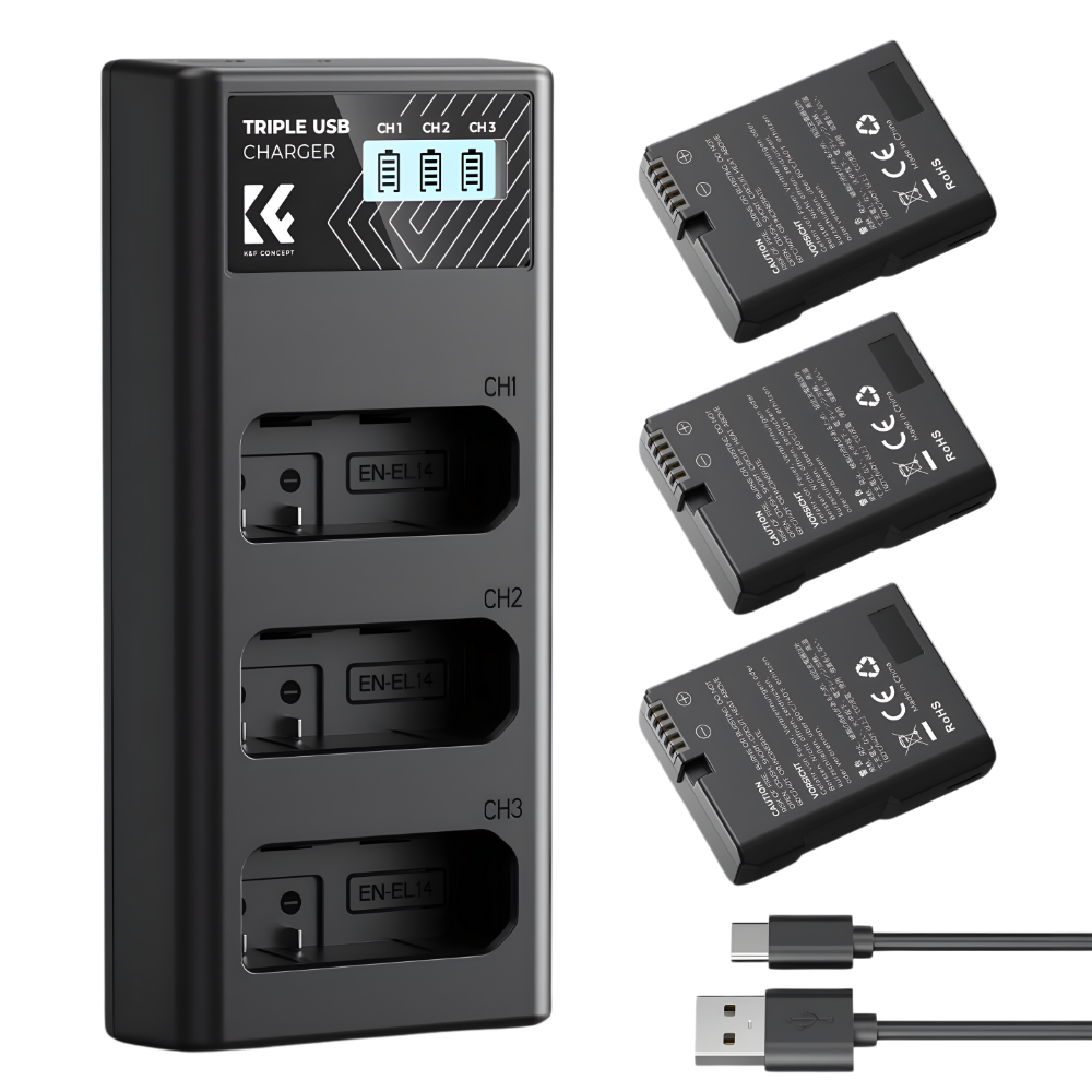 K&F Concept EN-EL14 3pcs Battery + Triple Bay Charger Kit