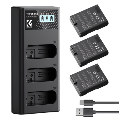 K&F Concept EN-EL14 3pcs Battery + Triple Bay Charger Kit
