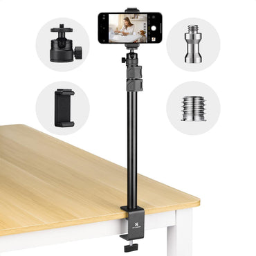 K&F Concept 102cm Aluminum C-Clamp Desktop Stand with 3kg Load Capacity, Buckle Lock, 360° Adjustable Ball Head, Light Stand Mount Adapter, Phone Holder and 1/4-3/8" Screw Holes for Camera Smartphone & Ring Lights | 1-Pack / 2-Pack Options