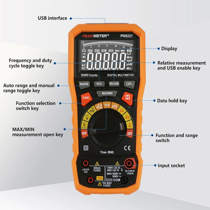 Peakmeter PM8237 10A 1000V AC & DC Digital Multimeter with Dual Test Leads, USB-A Cable Interface, 30000 Counts Display, Auto Range, Data Hold, Voltmeter for Voltage, Current, Resistance, Frequency, Capacitance Tester etc.