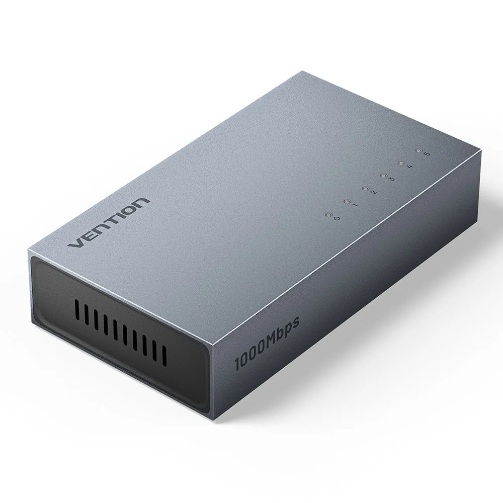 Vention 5-Port 1000Mbps Fast Ethernet RJ45 LAN Network Switch with 5V DC Power Output and Dual Side Ventilation – Plug & Play for Computer, Desktop, PC, TV, CCTV, Game Consoles, Modem, and Router