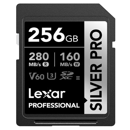 Lexar Professiol 256GB 128GB 64GB Silver Pro SDXC UHS-II Memory Card V60 Class 10 U3 with Max 280MB/s Read Speed for Videography and Photography