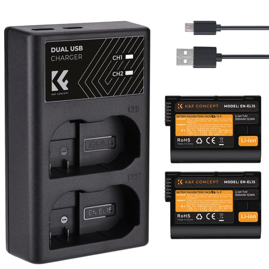 K&F Concept EN-EL15 Battery and Dual Charger Kit with (2-Pack) 7.4V 2100mAh Batteries Micro USB and Type C Charging Port for Nikon Z6 Z7 D780 D850 D7500 D810 D810A D800 D800E D750 D610 D600 D500 and Other Cameras | ENEL15 EN EL15