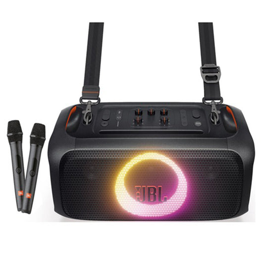 JBL PartyBox On The Go Essential with 2 Wireless Microphones 100W Splash Proof Portable Bluetooth Speaker with Build-In Light Show, 6 hours Music Playtime, Mic & Guitar Jack Audio Inputs for Karaoke Party