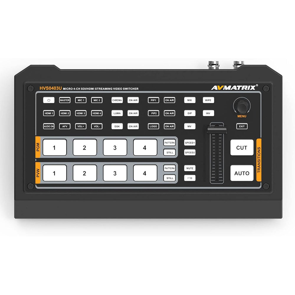 AVMatrix HVS0403U Micro 4-Channel SDI & HDMI Video Switcher with USB Capture for Computer and Android Phone, Multiview & PGM, PiP / PoP, Audio Interface, Transition Effects, and Logo Overlay for Live Streaming, Broadcast, and Production