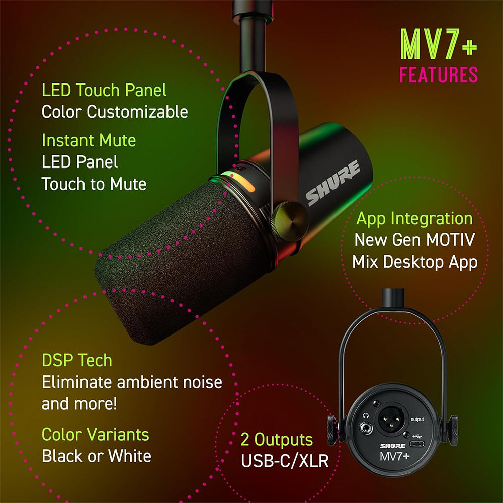 Shure MV7+ Podcast Microphone Dynamic Cardioid Broadcast Mic with 3 Pin XLR / USB Type-C Output LED Touch Panel, DSP & Reverb Compatible with Mac, Windows, iOS & Android for Musicians, Streamer and Podcasters