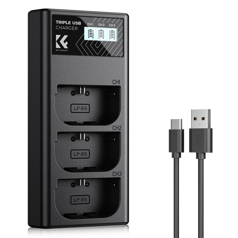 K&F Concept LP-E6 / LP-E6N / LP-E6NH (3 / 2-Pack) 2250mAh Rechargeable Camera Battery Replacement and Triple / Dual Slot Charger Display Kit with USB Type-C / Micro B Input Fast Charging Ports for Selected Canon Digital Cameras