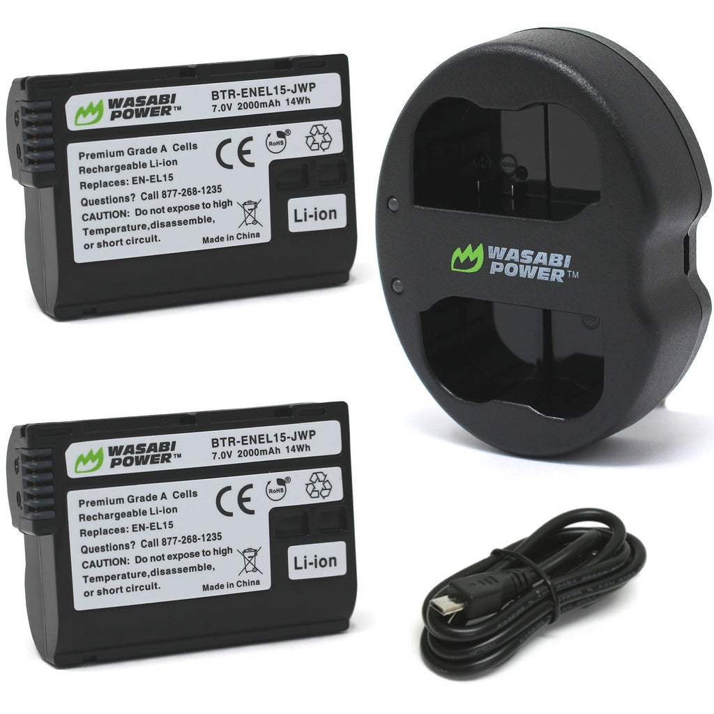 Wasabi Power EN-EL15 ENEL15 (2 Pack) 7.0V 2000mAh Battery and Dual USB Charger Kit with Power Indicators for Select Nikon EN-EL15a EN-EL15b EN-EL15c and 1 V1, D500 D600 D800 D810A D7000 Z5 Z6 Z6II Z7 Z711 Z8 DSLR Mirrorless Camera