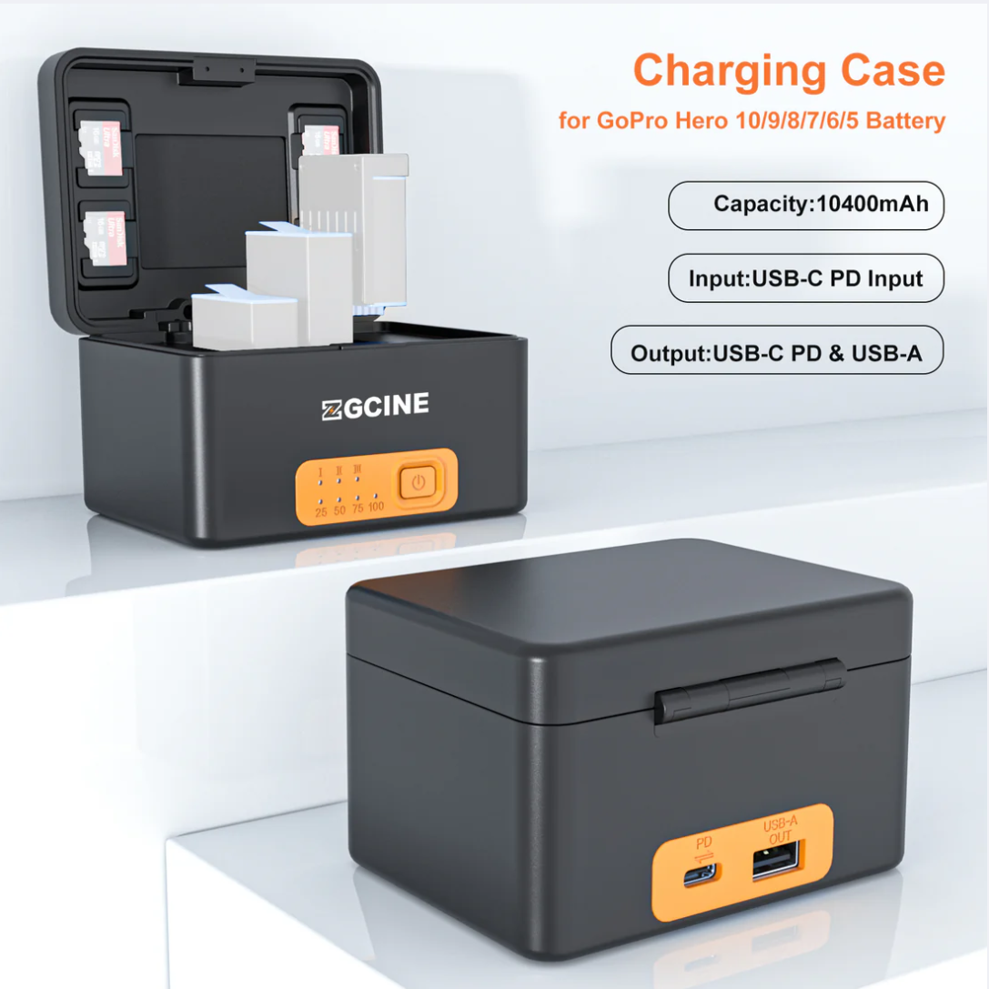 ZGCINE PS-G10 / PS-G10 Kit 3 Battery Charging Case with 3 1800mAh Batteries for GoPro HERO 10/9/8/7/6/5, 10,400mAh Power Bank with USB-C Input/Output, 3-Slot Charger & 4 MicroSD Card Storage – Portable Charger for GoPro Action Cameras