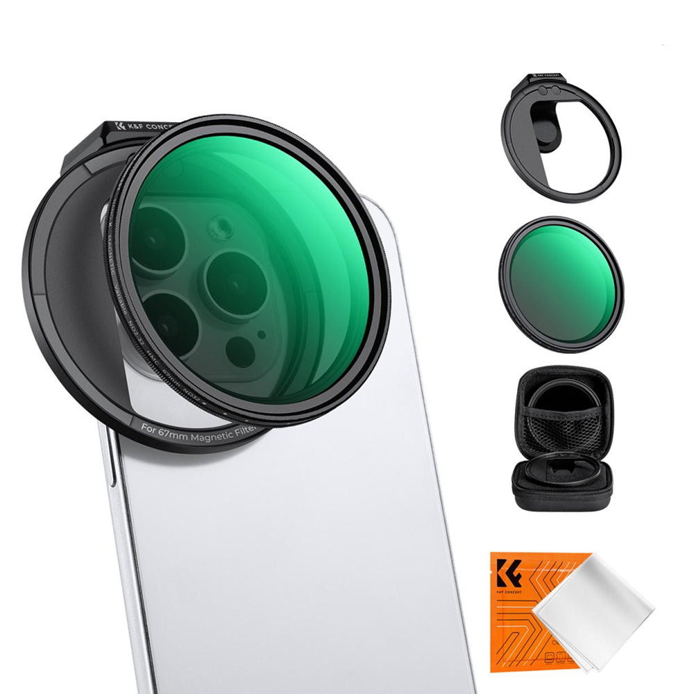 K&F Concept 67mm VND (1-5 Stops) Variable Neutral Density Magnetic Lens Filter for iPhone 15 14 13 12 11 Smartphone with Clip and Cold Shoe Mount