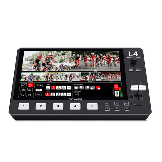 Feelworld L4 10.1" Touch Screen Display 5-Channel Inputs Multi-Format Video Mixer & Switcher HD Multi-Camera Video Live Streaming Device with HDMI, 3G SDI, USB-A, USB 3.0, RJ45 LAN, 3.5mm AUX Ports
