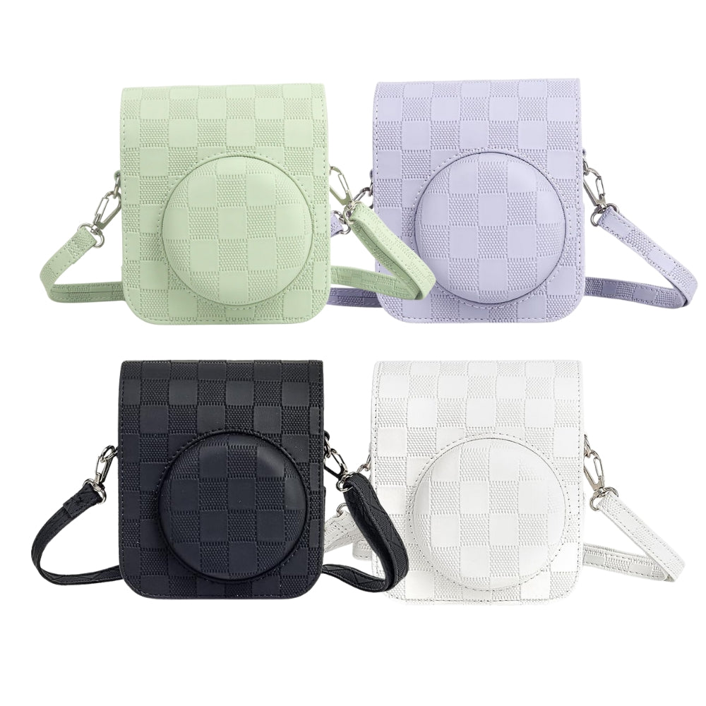 Pikxi Checkerboard Style Instant Camera Bag for FUJIFILM Instax Mini 12 Film Cameras with Shoulder Strap with Detachable Front Case Cover - Available in Black, White, Lilac Purple, and Mint Green Color