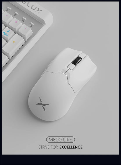 [CLEARANCE] Delux M800 Ultra USB Wired / Bluetooth and 2.4GHz Wireless Optical Gaming Mouse with 26000 DPI Resolution PAW 3395 Sensor, Up to 7 Programmable Buttons, and 120 Hour Battery for PC and Laptop Computers - White