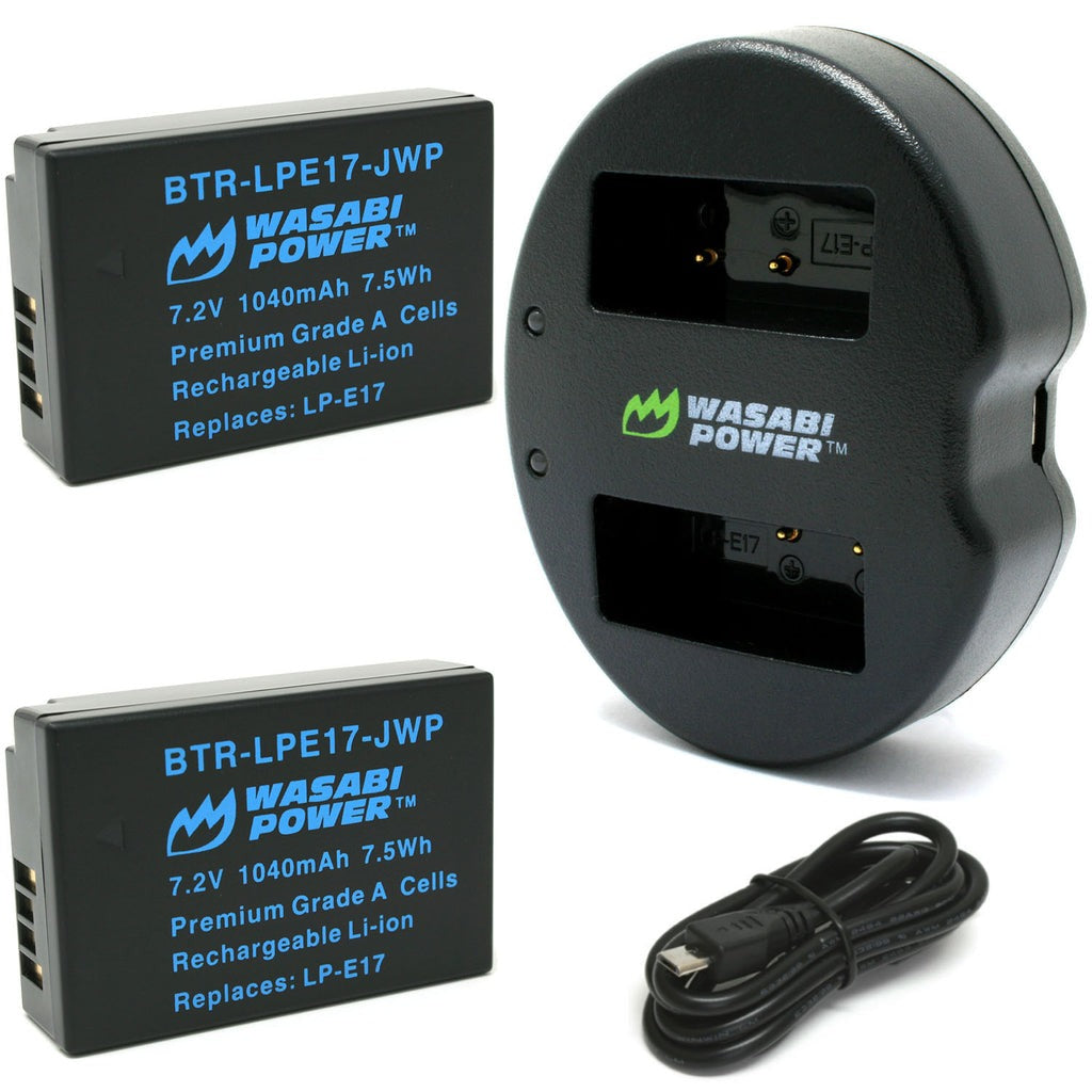 [CLEARANCE] Wasabi Power (2-pack) Canon LP-E17 LPE17 Battery and Dual Charger with USB-A to Micro USB Charging Cable for Canon EOS R100 R10 R50 R8 M6 M5 M3 Mirrorless, 77D 850D 800D 750D 700D 250D 200D DSLR Camera | JG Superstore
