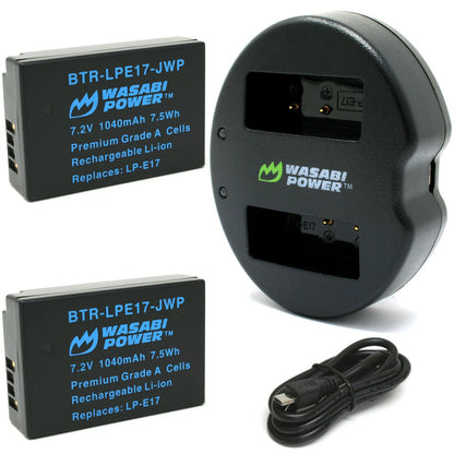 [CLEARANCE] Wasabi Power (2-pack) Canon LP-E17 LPE17 Battery and Dual Charger with USB-A to Micro USB Charging Cable for Canon EOS R100 R10 R50 R8 M6 M5 M3 Mirrorless, 77D 850D 800D 750D 700D 250D 200D DSLR Camera | JG Superstore