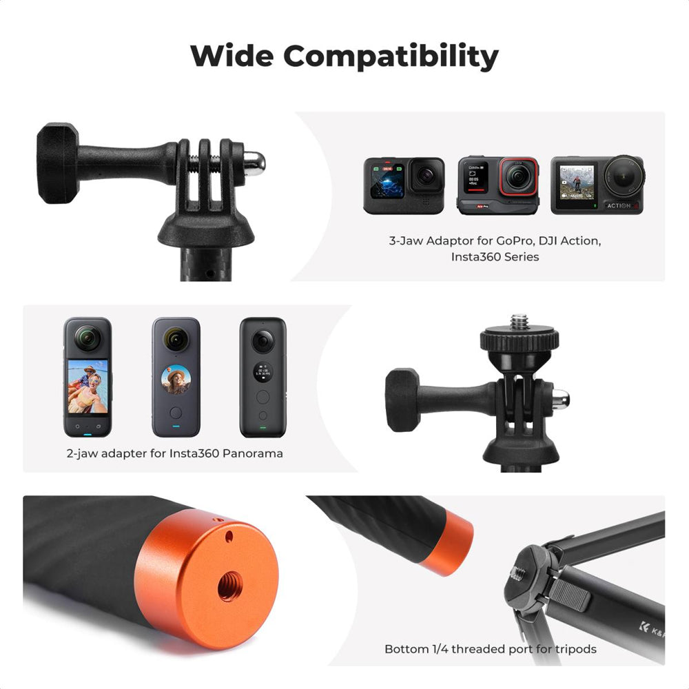 K&F Concept MS22 127cm / 50 inch Adjustable Extension Carbon Pole Invisible Selfie Stick Monopod with Wrist Strap for Insta360, GoPro, DJI Osmo Action Camera & Mobile Phone Holder