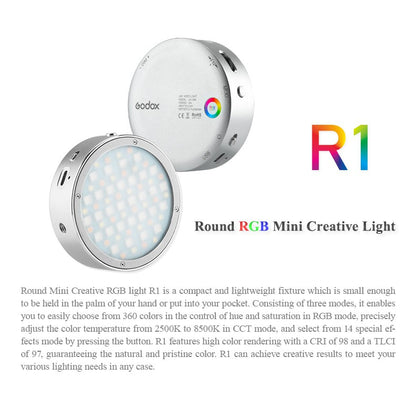 Godox R1 Round RGB Mini Creative Light LED Video Light Fill Light 2500K-8500K CRI 98 for Video Recording and Photo