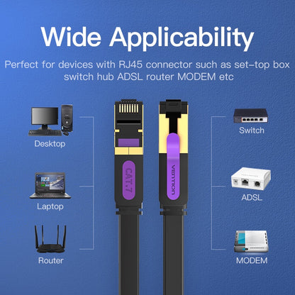 [CLEARANCE] Vention Flat LAN CAT7 Ethernet Patch Cable with Gold-Plated RJ45 Connectors 10Gbps High Speed 600Mhz Bandwidth Support (ICA) (8 meters)