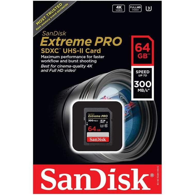SanDisk Extreme Pro 64GB UHS II SDXC V90 U3 SD Memory Card with 300MB/s Read and 260MB/s Write Speed, Uninterrupted Cinema-Quality 8K, 4K and Full HD Video Support | SDSDXDK-064G-GN4IN