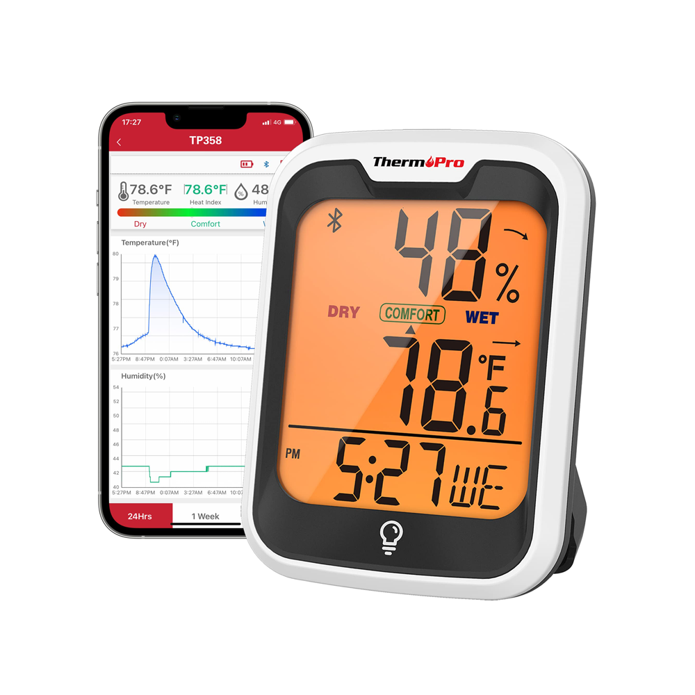 ThermoPro TP358 Hygrometer and Thermometer with Built-in Clock, Bluetooth 5.0, Premium Sensirion 260ft Humidity and Temperature Sensors, Comfort Level Indicator, Backlight and App Support for Indoors and Greenhouse Use
