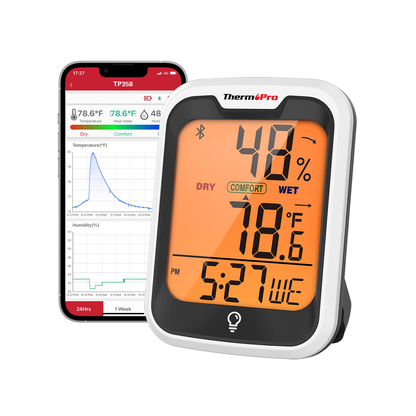 ThermoPro TP358 Hygrometer and Thermometer with Built-in Clock, Bluetooth 5.0, Premium Sensirion 260ft Humidity and Temperature Sensors, Comfort Level Indicator, Backlight and App Support for Indoors and Greenhouse Use