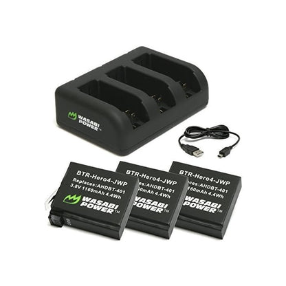 Wasabi Power AHDBT-401 (2 Pack) 3.8V 1160mAh Battery and Triple Charger Kit with Power Indicators with USB Mini / Micro Ports for GoPro AHBBP-401 and Go Pro HERO4 HERO3 HERO3+ Action Camera