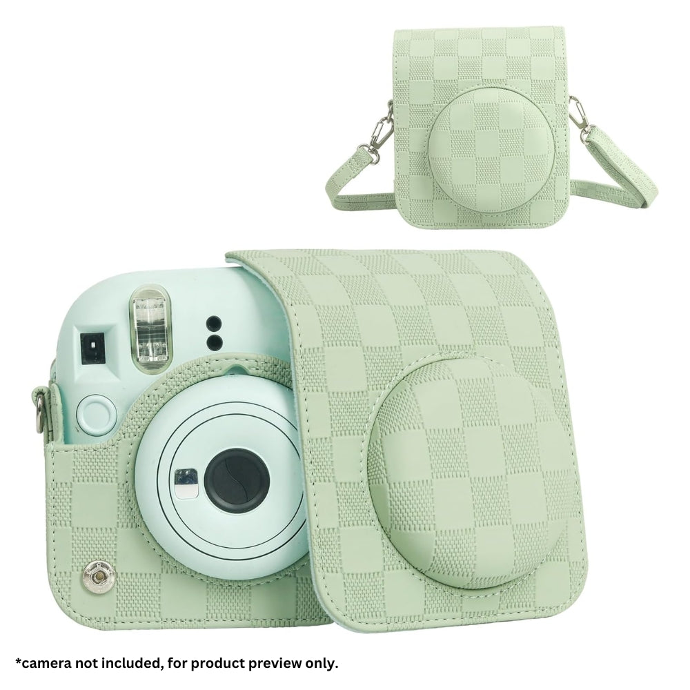 Pikxi Checkerboard Style Instant Camera Bag for FUJIFILM Instax Mini 12 Film Cameras with Shoulder Strap with Detachable Front Case Cover - Available in Black, White, Lilac Purple, and Mint Green Color