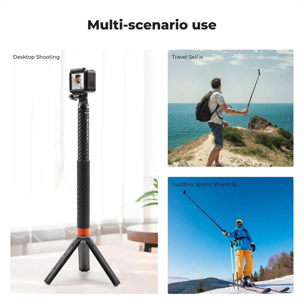 K&F Concept MS22 127cm / 50 inch Adjustable Extension Carbon Pole Invisible Selfie Stick Monopod with Wrist Strap for Insta360, GoPro, DJI Osmo Action Camera & Mobile Phone Holder