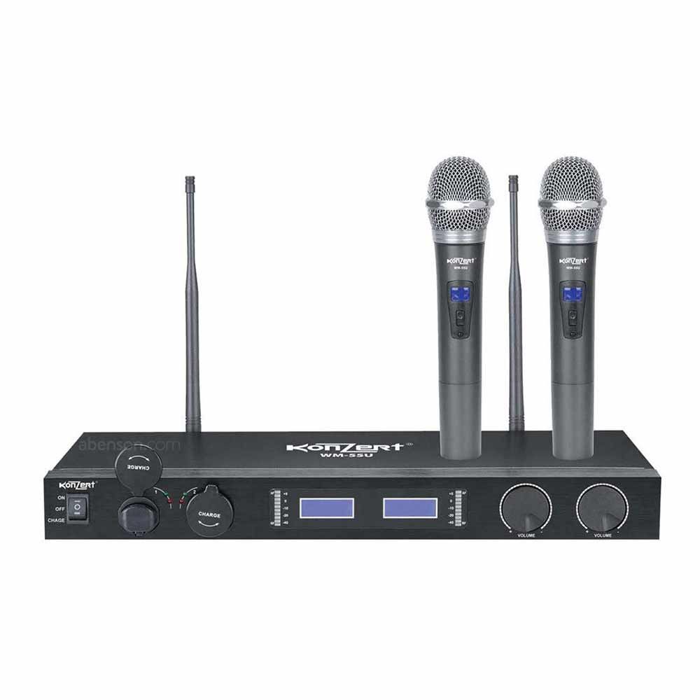 Konzert WM-55U UHF Dual Wireless Handheld Microphone System with Antenna Receiver, Max 40M Transmission Range, Rechargeable Li-Ion Battery and Fixed Frequency Band