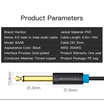Vention TS 6.5mm Male to TS 6.5 Male Gold Plated (BAA) Audio Cable for Amplifiers, Musical Instruments, Speakers, Sound Box ( Available in 0.5M, 1M, 1.5M, 2M, 3M, and 5M)