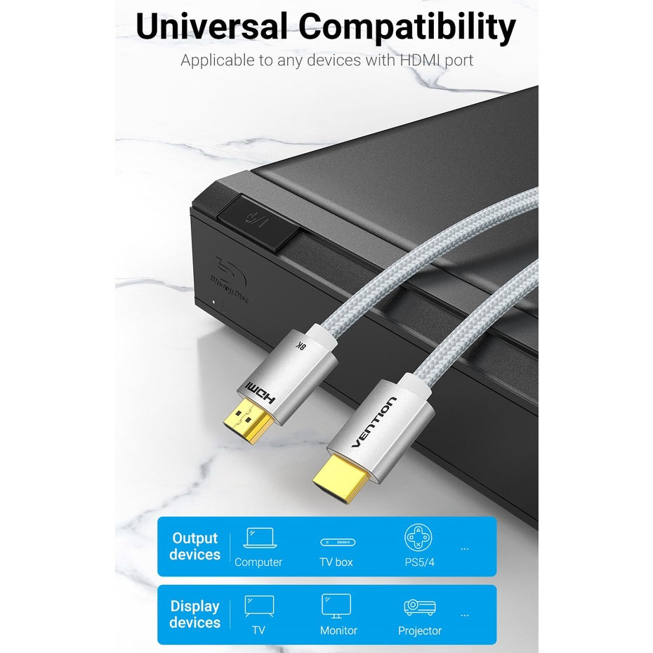 Vention HDMI 2.1 Cable Aluminum Metal Braided (Male to Male) 8KHD 60Hz Video Cable with 48Gbps Transfer Speed (Different Lengths Available) (ALC)