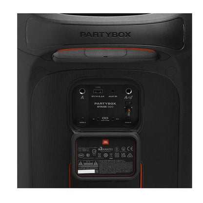 JBL Partybox Stage 320 Portable Bluetooth Party Speaker, IPX4 Rated Splash Proof with Futuristic Lightshow, Powerful JBL Pro Sound and Up to 18 Hours Playtime, Dual Mic & Guitar Inputs | JG Superstore