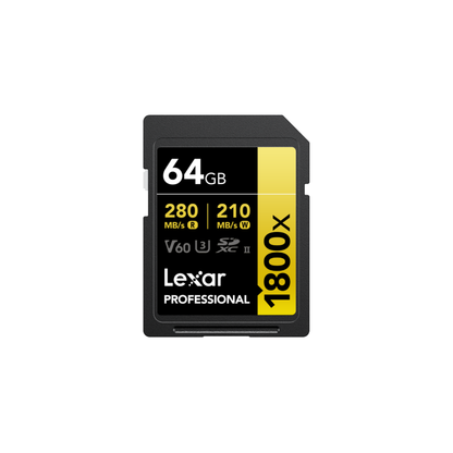 Lexar Professional 1800x SDXC V60 U3 UHS-II GOLD Series Memory Card Up to 280MB/s Read, 210MB/s Write | 64GB / 128GB