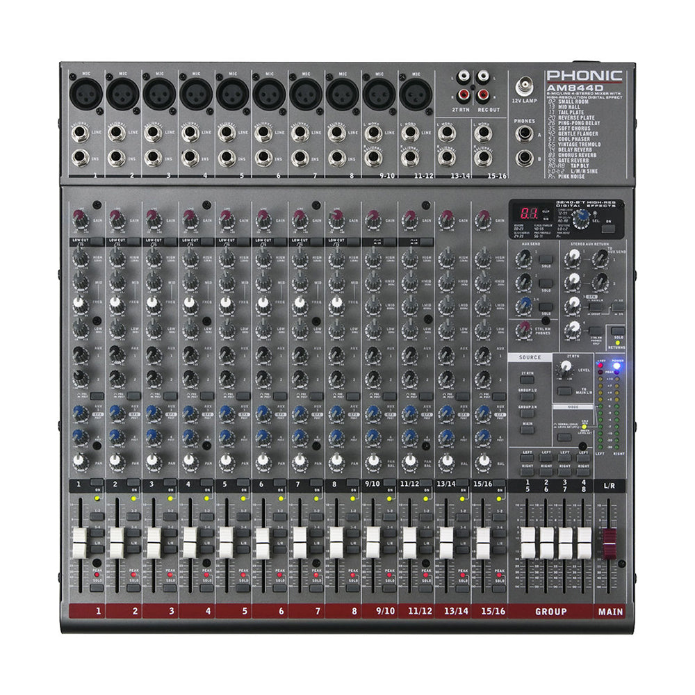 Phonic AM-844D 8-MIC/LINE Mono Channels, 4-Stereo 4-Group Recording Mixer with DFX, USB Interface, 3-Band EQ, 10 Microphone Preamps, and Direct Outputs for Multitrack Recording