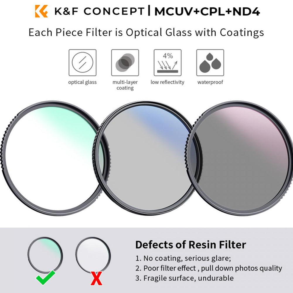 CLEARANCE SALE K&F Concept 3pcs Slim Filter Kit (MCUV + CPL + ND4 ) Ultraviolet, Polarizer, and Neutral Density Optical Glass Lens Filters - Waterproof & Scratchproof with Cleaning Cloth and Pouch for DSLR and Mirrorless Camera (Sizes Available)