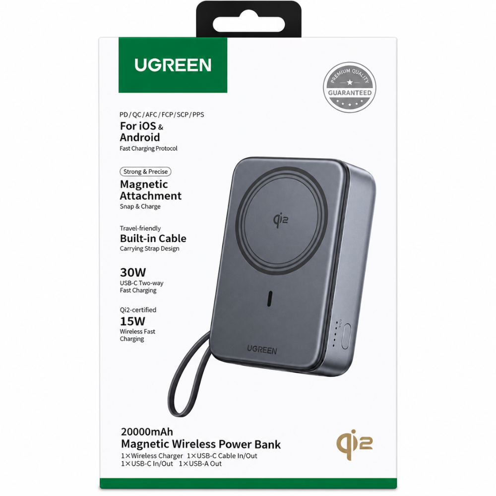 UGREEN 20000mAh Qi2 Magnetic Wireless Power Bank with Built-in USB-C Cable, 30W Fast Charging, 15W MagSafe Compatible Wireless Charging, LED Display, Charge 4 Devices Simultaneously, Battery Pack for Phones, Tablets & USB-C Devices | PB567 | JG Superstore