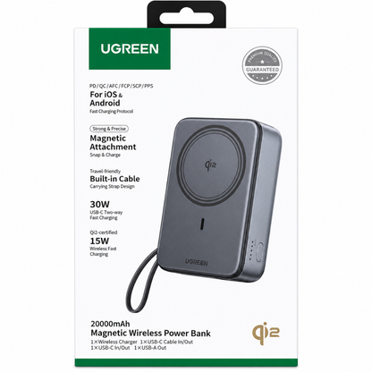 UGREEN 20000mAh Qi2 Magnetic Wireless Power Bank with Built-in USB-C Cable, 30W Fast Charging, 15W MagSafe Compatible Wireless Charging, LED Display, Charge 4 Devices Simultaneously, Battery Pack for Phones, Tablets & USB-C Devices | PB567 | JG Superstore