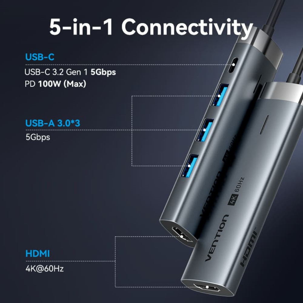 Vention USB-C Docking Station 4K/60Hz UHD with HDMI / USB 3.0 Type-A / USB 3.2 Gen 1 Type-C 100W PD Charging Ports with 5Gbps High-Speed Data Transfer for PC, Desktop, Laptop, Tablet and Smartphone - Windows, macOS, Linux & Android Systems
