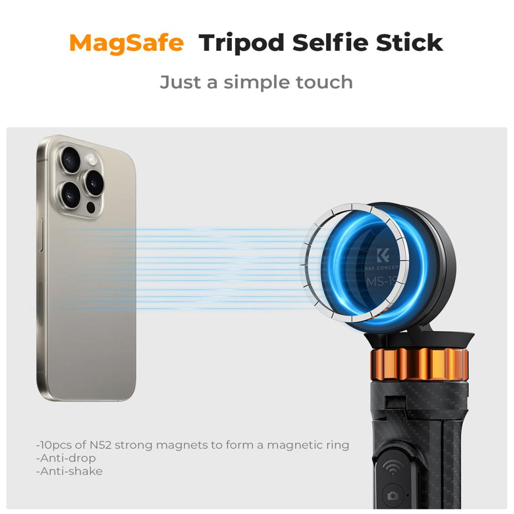 K&F Concept MS19 7-Section Magnetic Tripod + 1.6m Selfie Stick with 10m Max Bluetooth Control Distance for iPhone 15 14 13 12 Smartphone