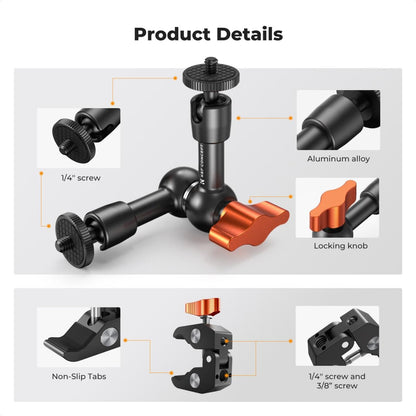 K&F Concept 60mm Super C-Clamp & 11" / 9.8" / 6" Magic Arm Mount with 360° Ball Head, 2kg Maximum Load Capacity, 1/4" & 3/8" Screw for Smartphone Clip, Fill Light, Compact, DSLR, SLR, Mirrorless, Panoramic, Action Cameras