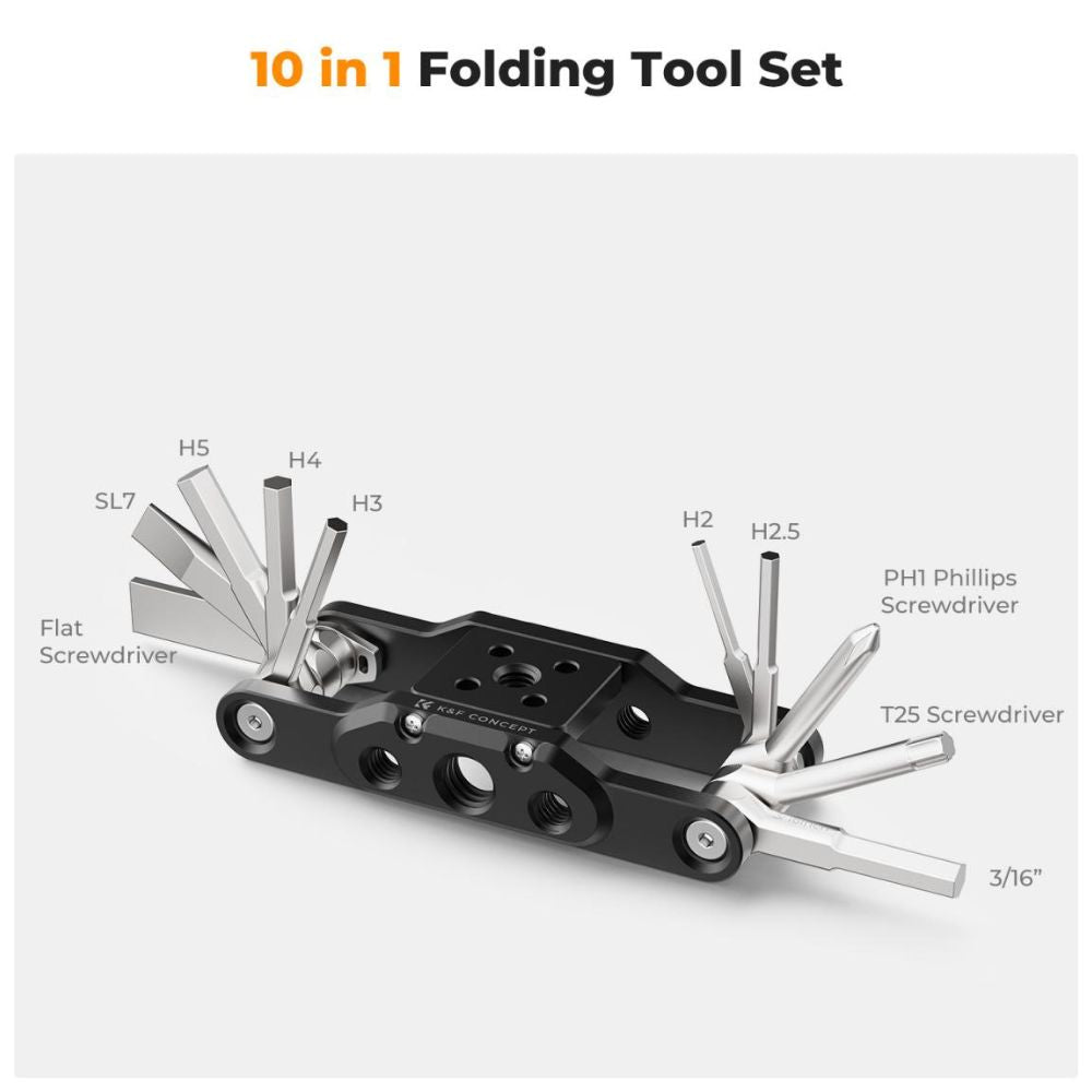 K&F Concept 10-in-1 Foldable Portable Aluminum Multi-Tool Set with Stainless Steel Hex Keys & Screwdrivers for Photographic Equipment, Furniture, Bicycles