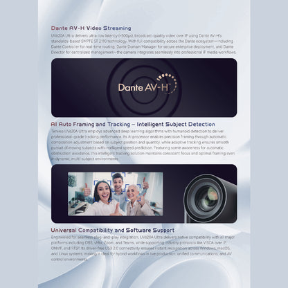 Tenveo TEVO-UV620A Ultra AI Auto Tracking & Framing PTZ Camera 4K 60fps UHD, 20x Optical + 16x Digital Zoom, Full NDI & Multi Interfaces (PoE USB HDMI SDI LAN) for Video Conference, Live Streaming, Worship Events, Broadcast, Video Production