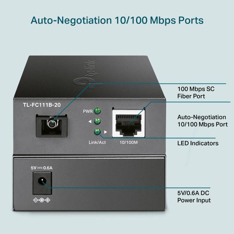 TP-Link TL-FC111PB-20 10/100Mbps WDM Media Converter with 1-Port PoE Single-Mode Fiber Optic Transceiver with 20 km Extension Range, Auto-Negotiation Half/Full-Duplex Mode, Auto-MDI/MDIX TP LINK TPLINK